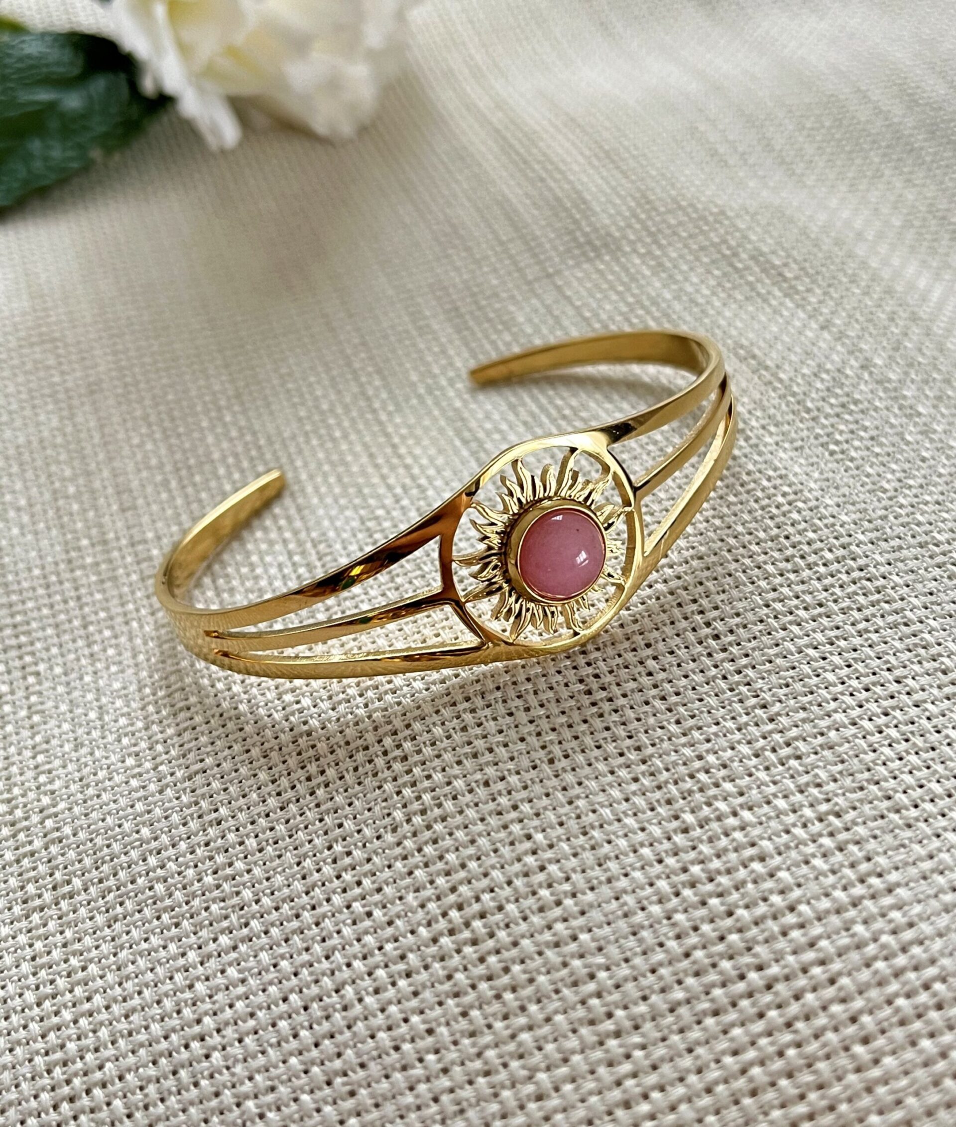 Pembe Taşlı Vintage Çelik Kelepçe