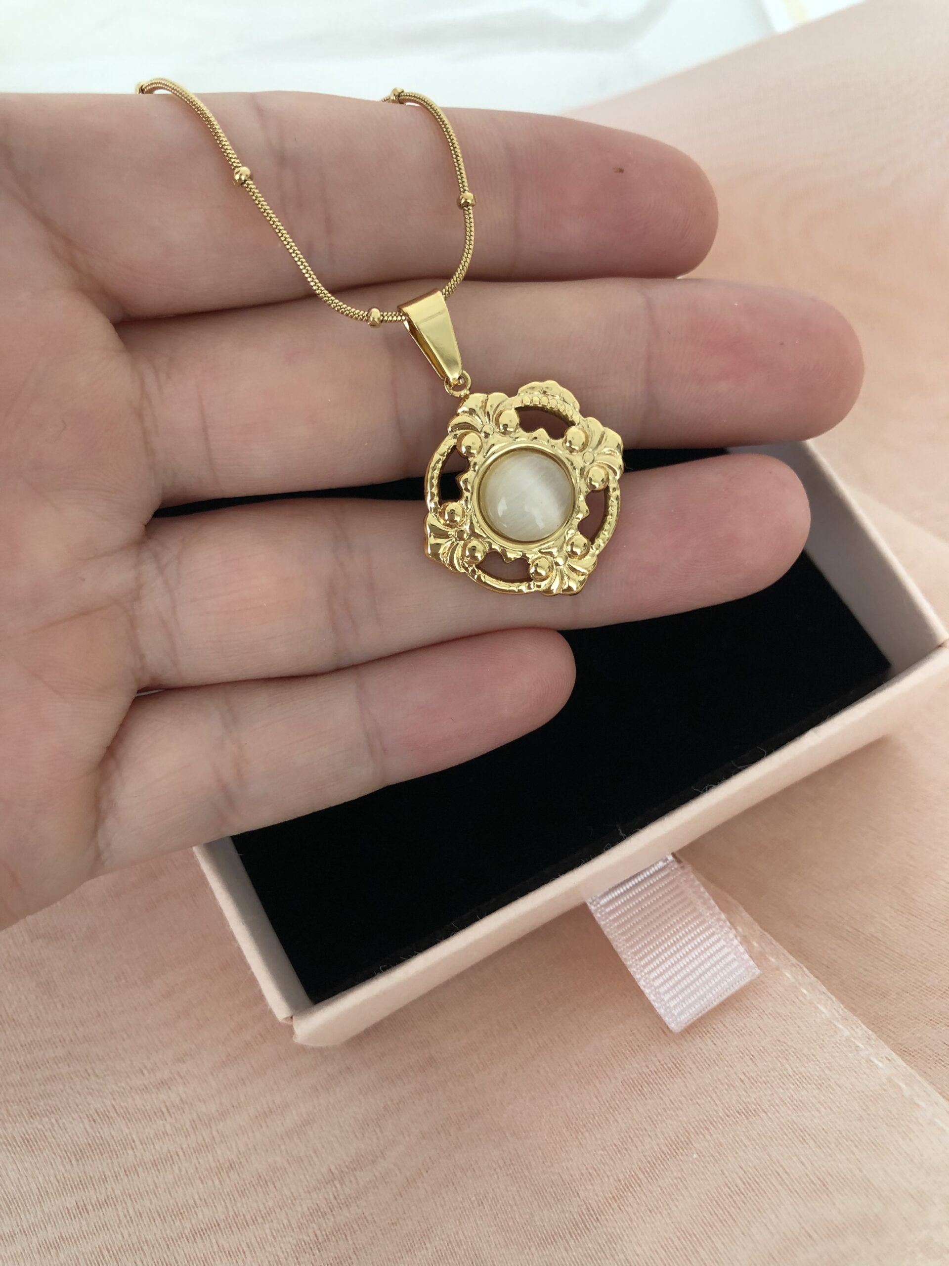 Opal Taşlı Vintage Çelik Kolye - 45cm - Görsel 2